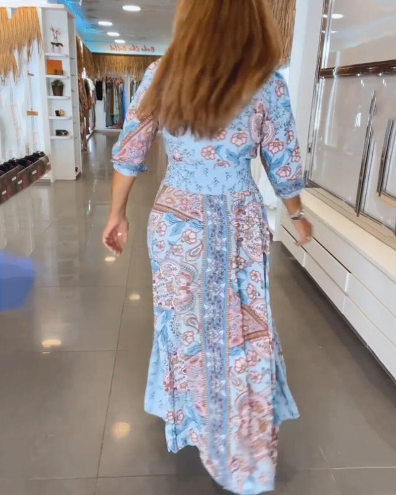 Alira Paisley Floral V-Neck Maxi Dress with Tie Waist for Women