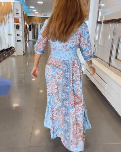 Alira Paisley Floral V-Neck Maxi Dress with Tie Waist for Women