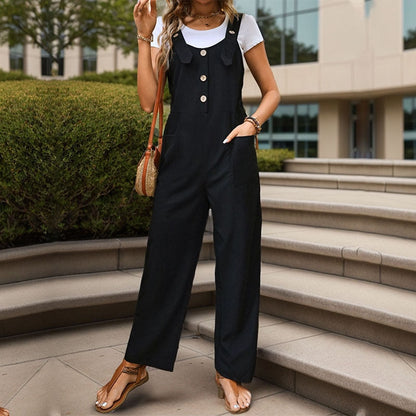 Women's Wide-Leg Overall Jumpsuit with Button-Front Bib