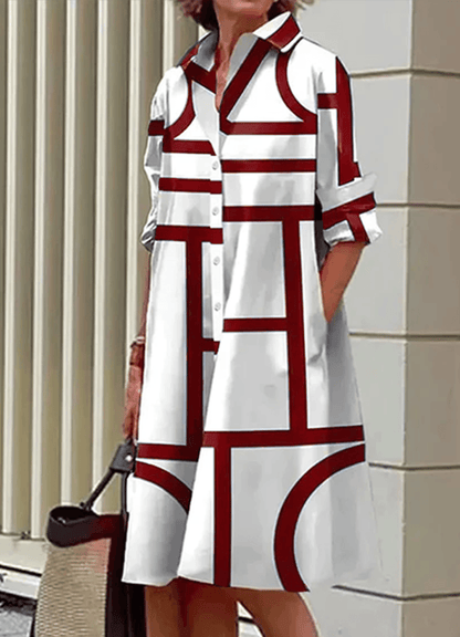 Geometric Print Collared Women's Midi Dress with Side Pockets