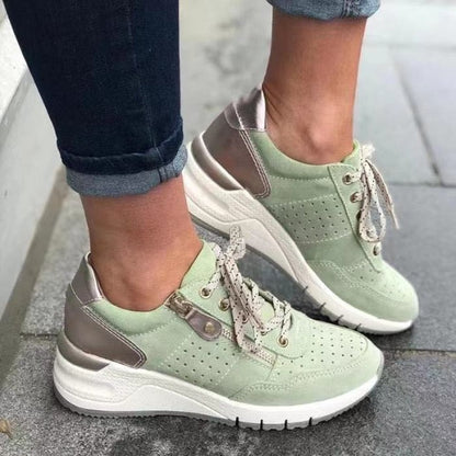 Lace-Up Wedge Sneakers with Side Zip and Perforated Detail