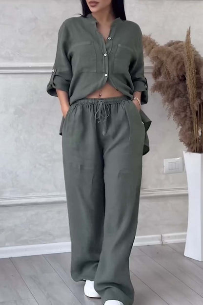 Fara Matching Cotton Linen Shirt and Wide-Leg Pants Two-Piece Co-Ord Set