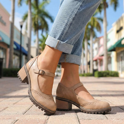 Comfortable Brogue Mary Jane Shoes with Block Heel and Buckle Strap