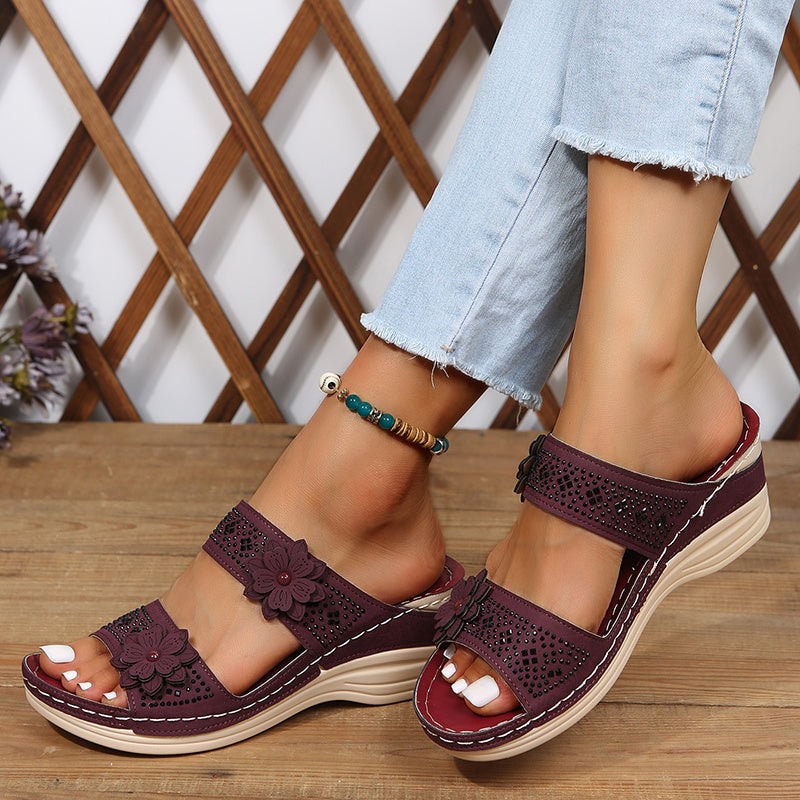 Delor Open-Toe Slide Sandals with Flower Detail and Rhinestone Wedge Sole