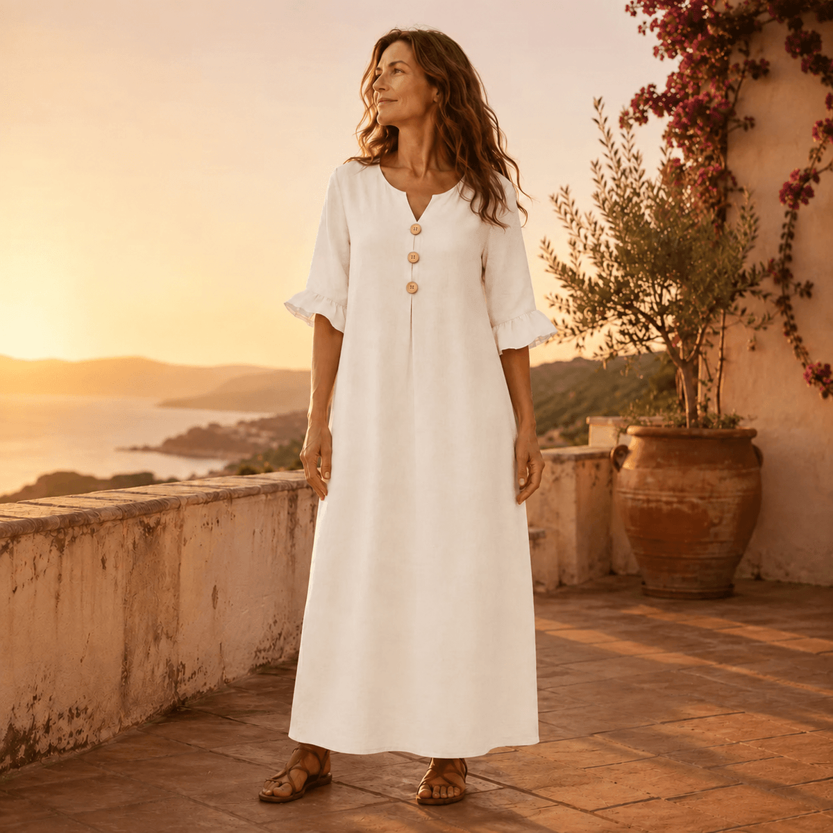 Marellia Flowy Linen-Look V-Neck Summer Maxi Dress with Ruffle Sleeves and Pockets