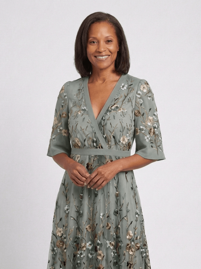 Floral Embroidered Wrap Maxi Summer Dress with Flutter Sleeves for Women