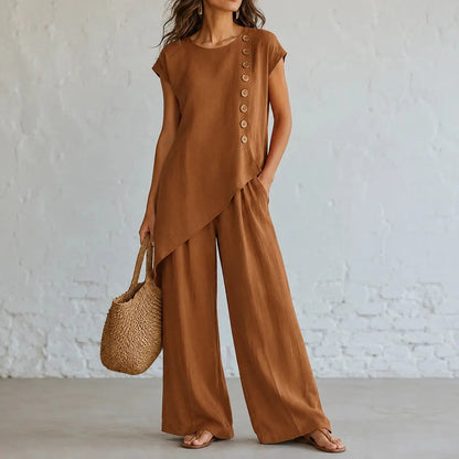 Two-Piece Matching Co-Ord Set with Asymmetric Button Top and Wide-Leg Pants