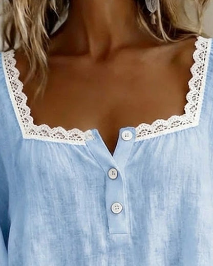 Women's Cotton Linen Long Sleeve Blouse with Square Neckline and Lace Trim