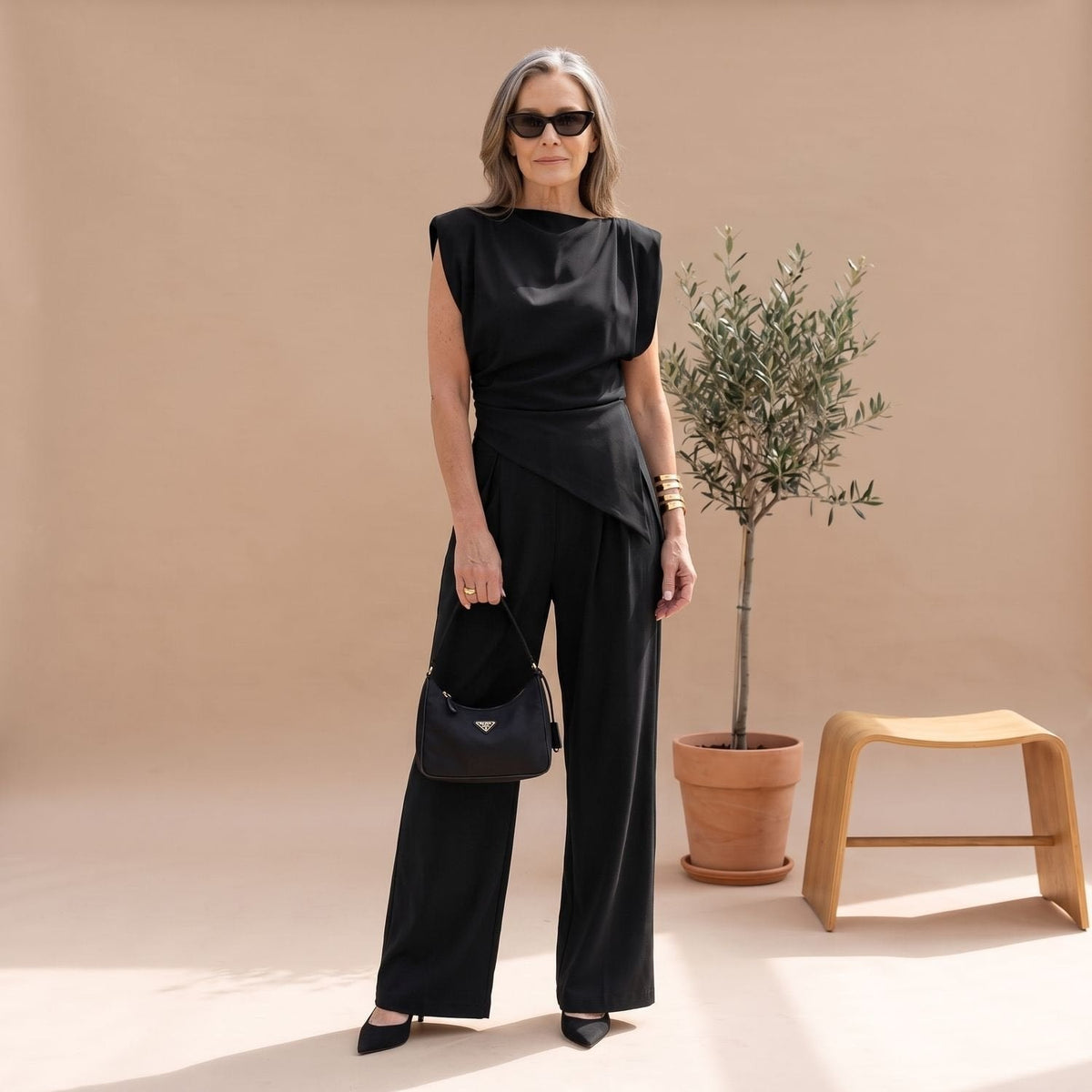 Women's Matching Two-Piece Set with Draped Cowl Neck Top and Wide-Leg Pants