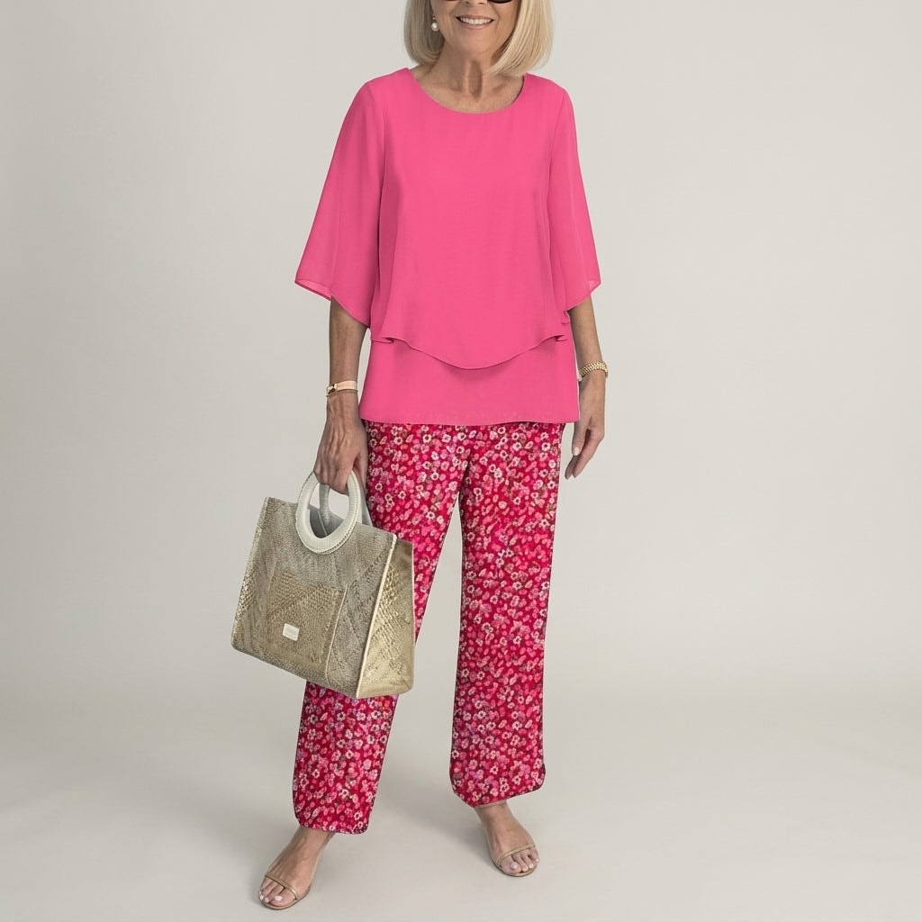 Women's Matching Two-Piece Set with Layered Flutter Top and Wide-Leg Pants
