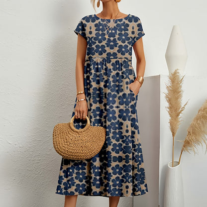 Women's Floral Print A-Line Midi Dress with Short Sleeves