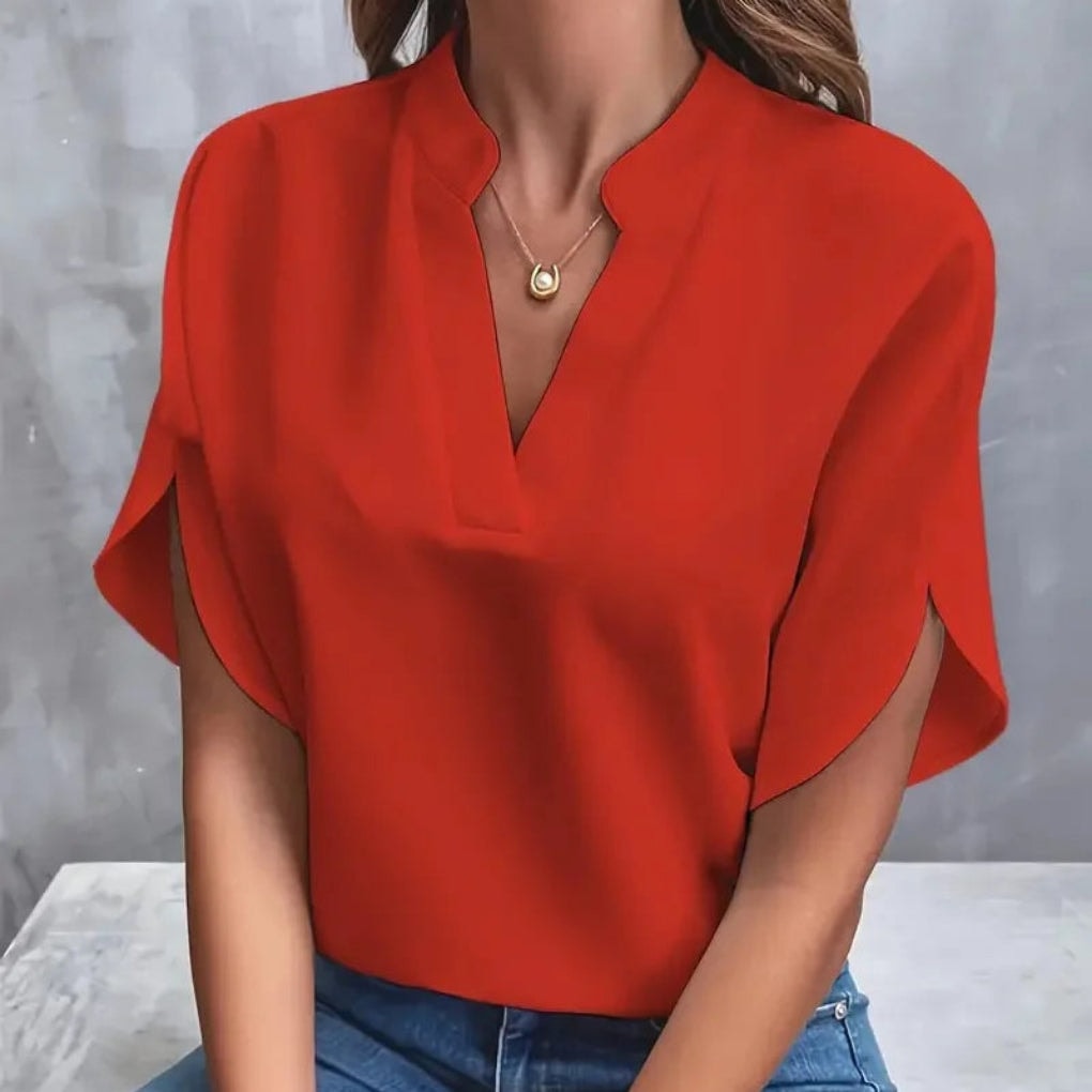 Women's V-Neck Split-Sleeve Top with Flowy Loose Fit