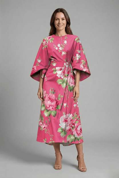 Floral Print Round Neck Women's Midi Dress with Wide Bell Sleeves