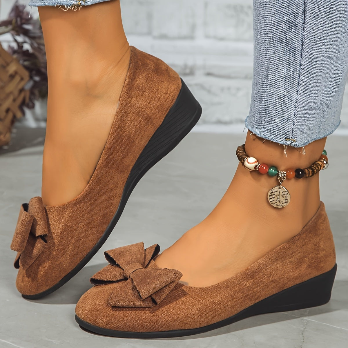 Maisie Faux Suede Slip-On Wedge Ballet Flats with Bow and Rounded Toe
