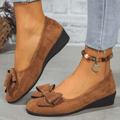 Maisie Faux Suede Slip-On Wedge Ballet Flats with Bow and Rounded Toe