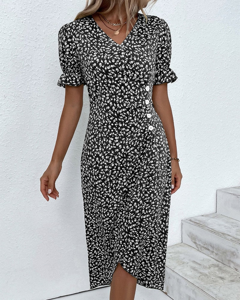 Martha Floral V-Neck Button Front Midi Dress for Women with Puff Sleeves