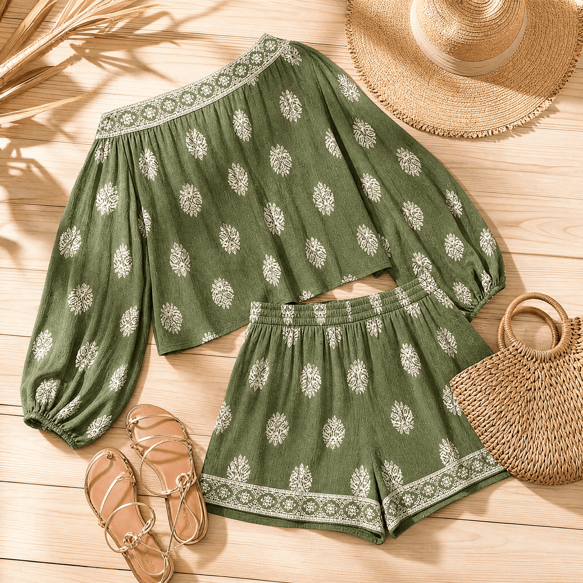 Solenne Off-Shoulder Block Print Two Piece Co Ord Set with Pockets