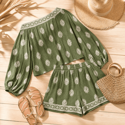 Solenne Off-Shoulder Block Print Two Piece Co Ord Set with Pockets