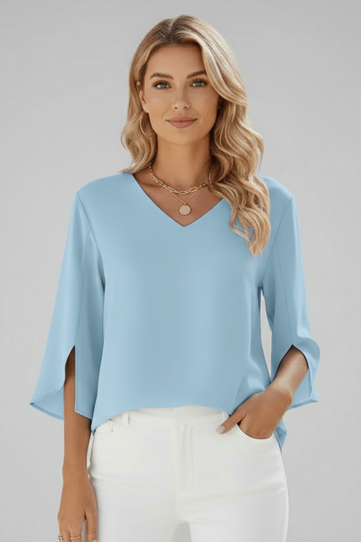 V-Neck Blouse with Three-Quarter Split Sleeves and Curved Hem