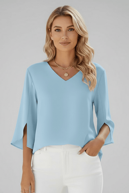 V-Neck Blouse with Three-Quarter Split Sleeves and Curved Hem