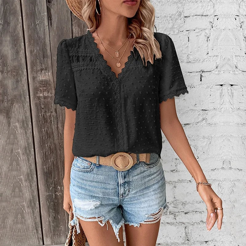 Wendy Swiss Dot Lace Trim Top with Short Sleeves and V-Neck