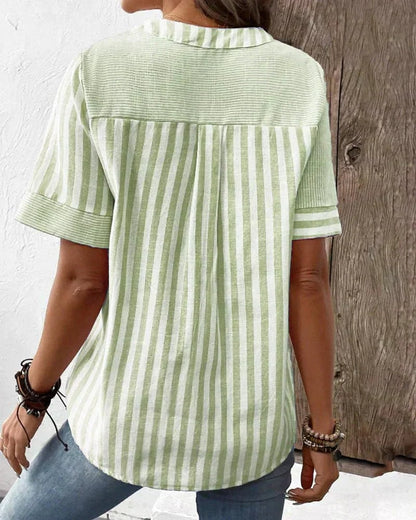 Women's Striped Button-Front Top with Short Sleeves