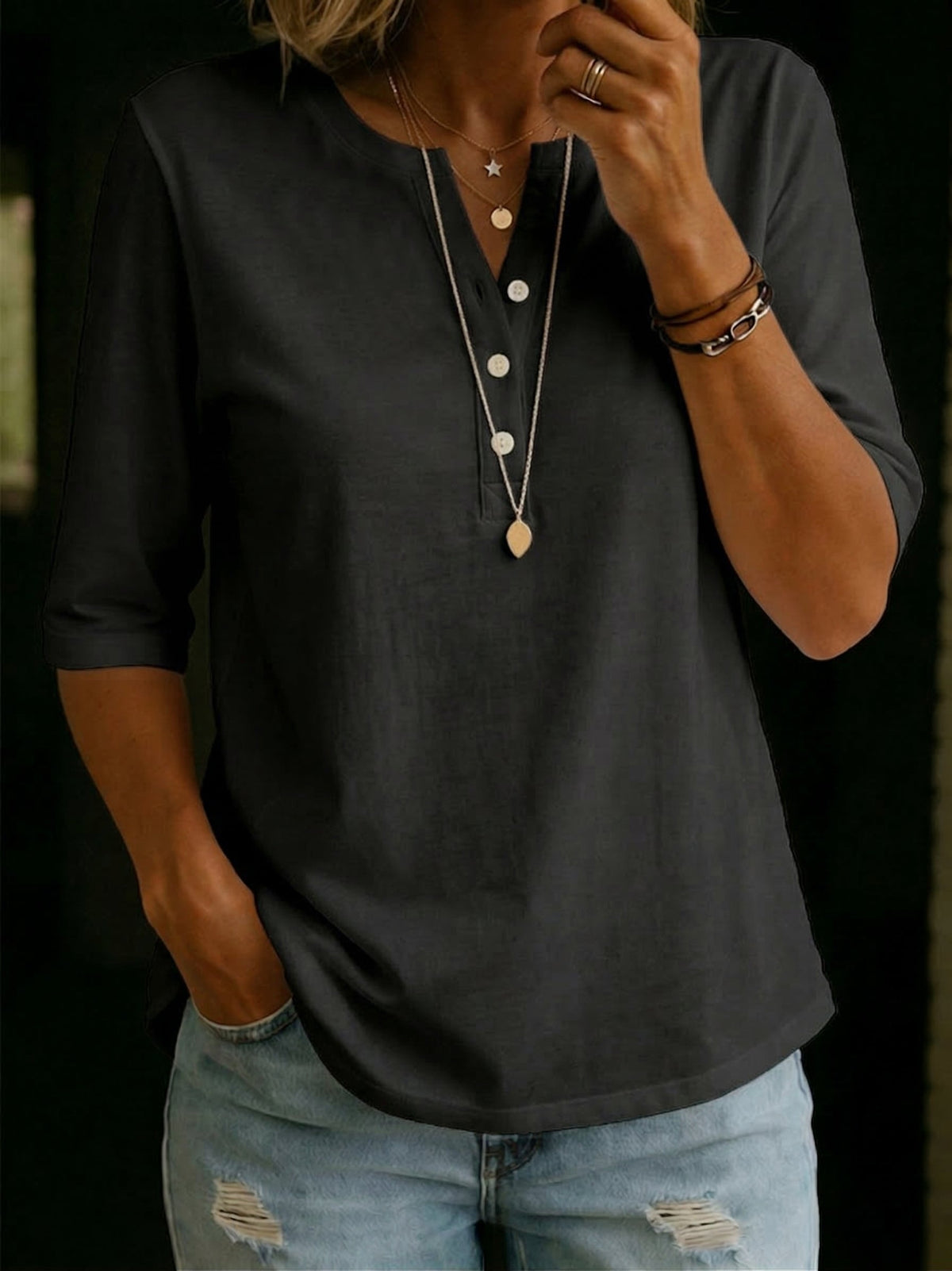 Relaxed Linen Henley Top with Half Sleeves and Button Placket