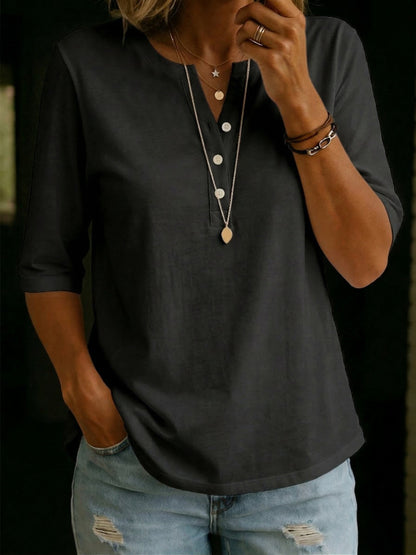 Relaxed Linen Henley Top with Half Sleeves and Button Placket