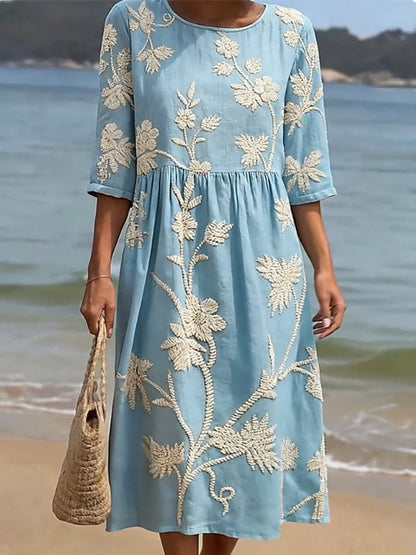 Floral Embroidered Three-Quarter Sleeve Midi Dress for Women