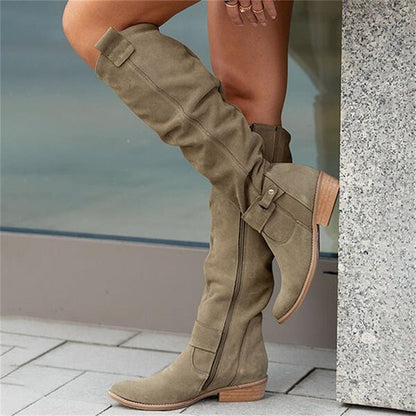 Suede Knee High Slouch Boots with Low Heel and Zipper Closure