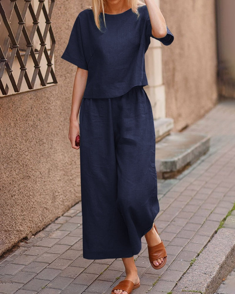 Linen Two-Piece Matching Set with Short-Sleeve Top and Wide-Leg Pants