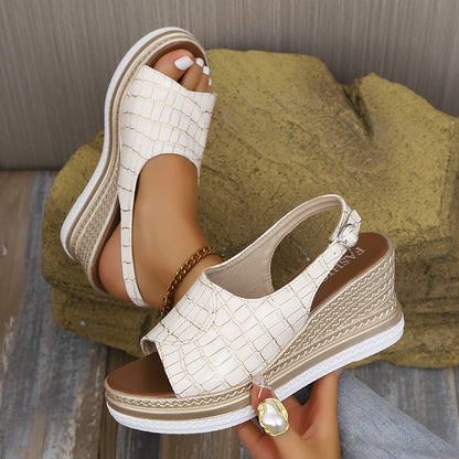 Marbella White Croc-Embossed Slingback Wedge Sandals with Peep Toe Platform