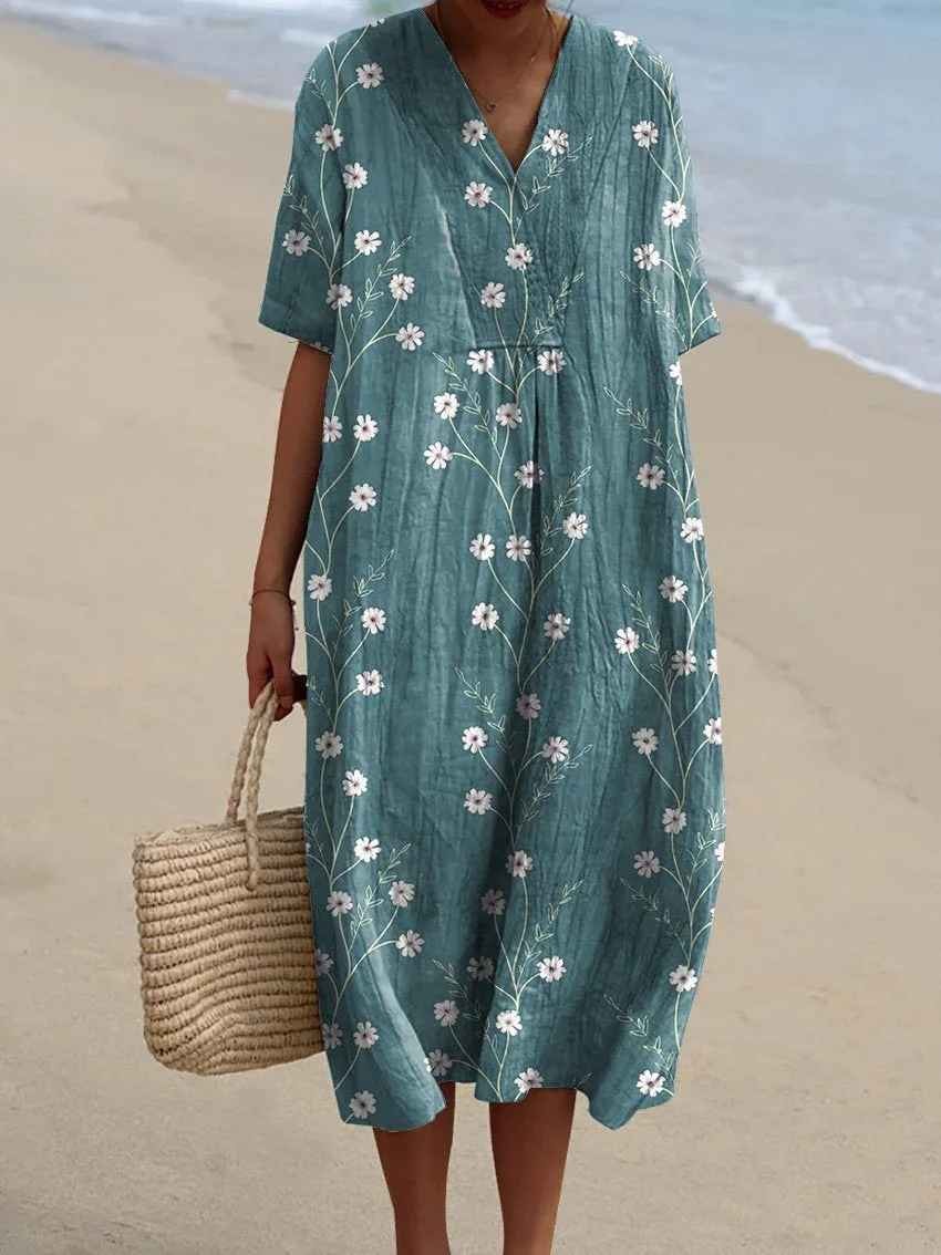 Eleanor Floral Embroidered V-Neck Cotton Blend Women's Midi Dress