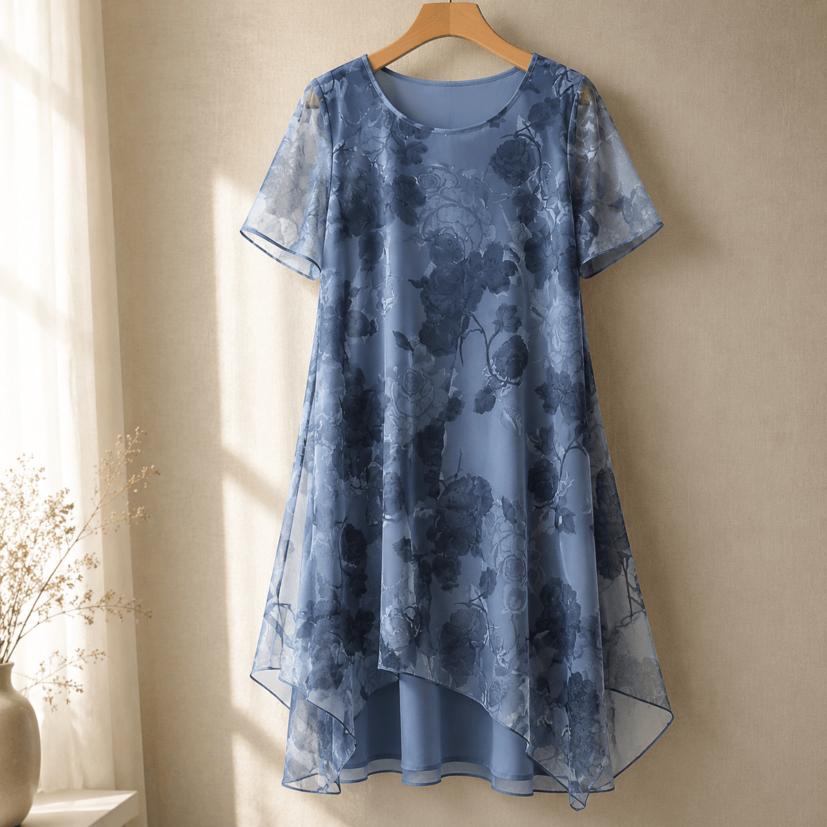 Florenza Print Layered Chiffon Women's Midi Dress with Sheer Sleeves