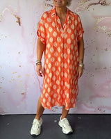 Eleanora Loose Printed Short-Sleeve Midi Shirt Dress with Lapel Collar