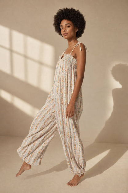 Women's Boho Harem Linen Jumpsuit with Tie-Shoulder Straps