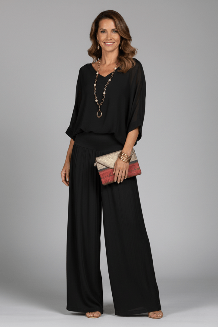 Women's Matching Two Piece Set with Dolman Sleeve Top and Wide-Leg Pants