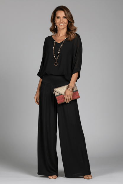 Women's Matching Two Piece Set with Dolman Sleeve Top and Wide-Leg Pants