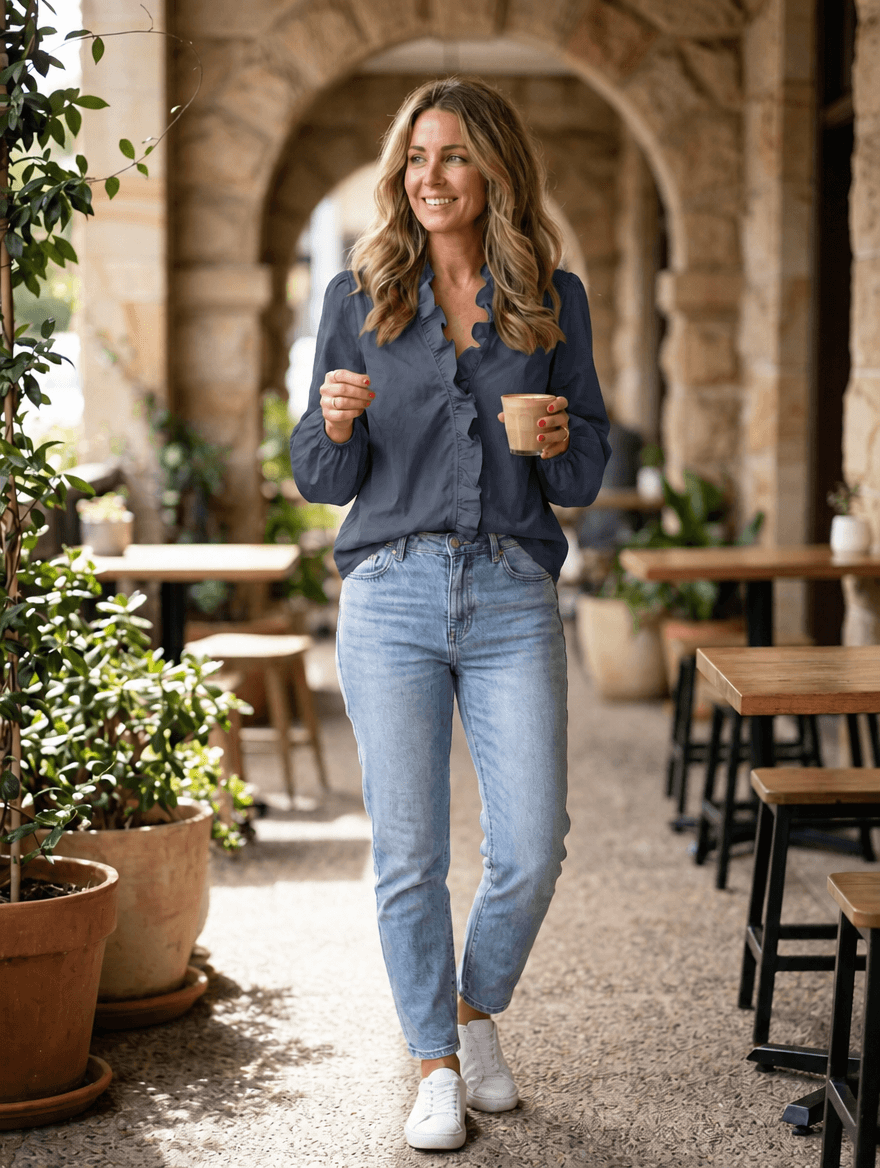 Women's Long Sleeve Blouse with Ruffle V-Neck and Gathered Cuffs
