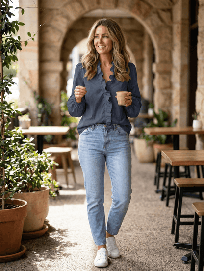 Women's Long Sleeve Blouse with Ruffle V-Neck and Gathered Cuffs