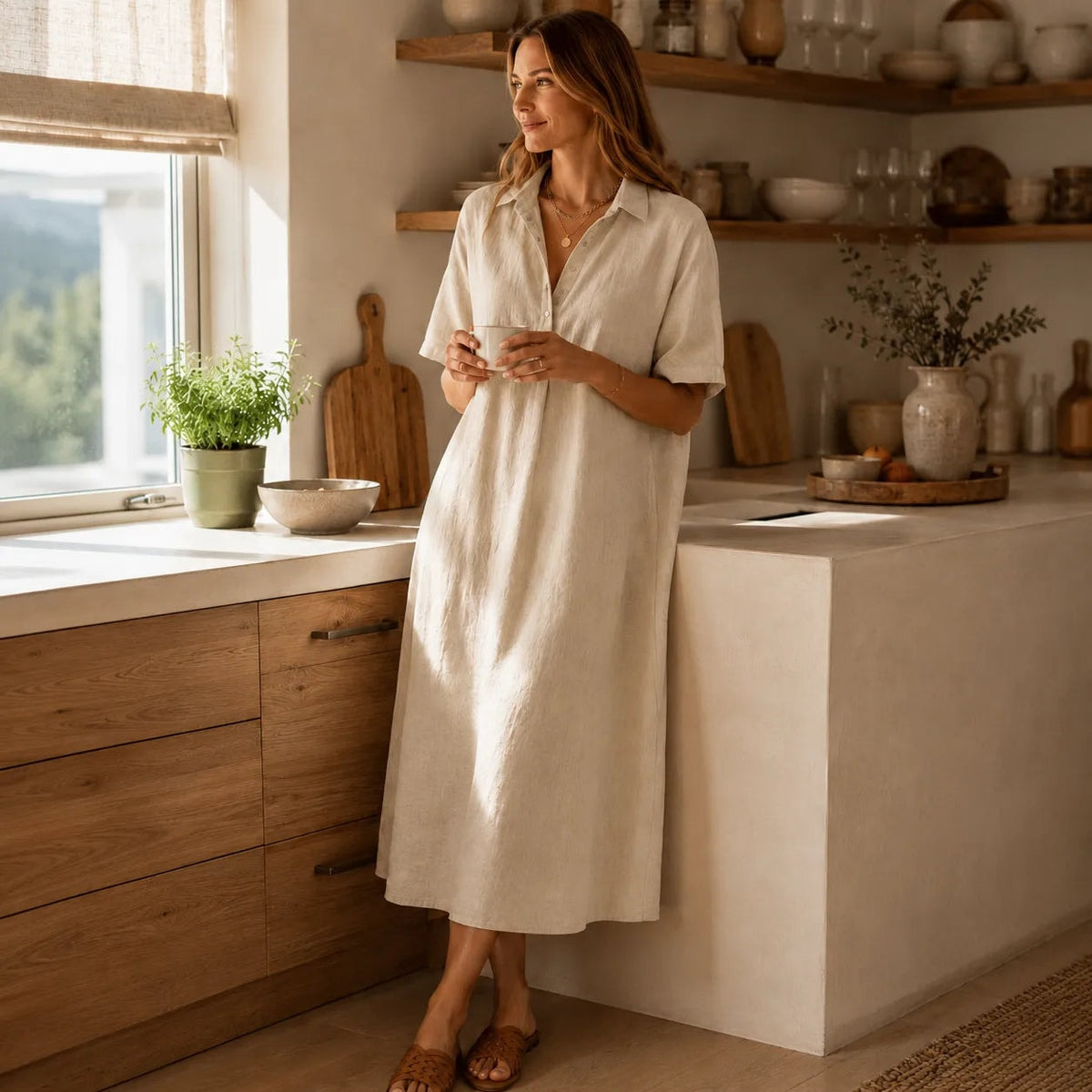 Lunavia Oversized Linen-Look Midi Summer Shirt Dress with Short Sleeves
