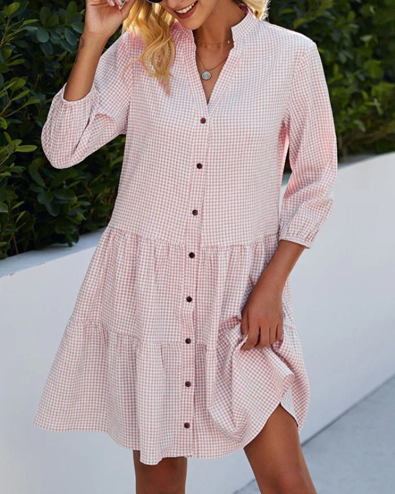 Cressida Checkered Tiered Summer Dress with Button Details