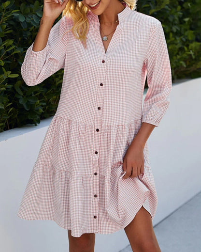 Cressida Checkered Tiered Summer Dress with Button Details