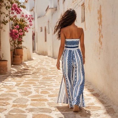Solvana Strapless Wide-Leg Slit Jumpsuit for Women
