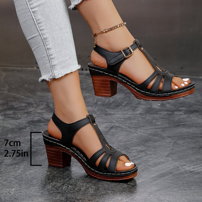 Bianca Buckle Strap Block Heel Wedge Sandals with Cutout Detail