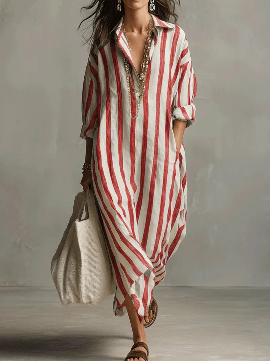 Pepa Striped Cotton Women's Midi Dress with Shirt Collar and Rolled Sleeves