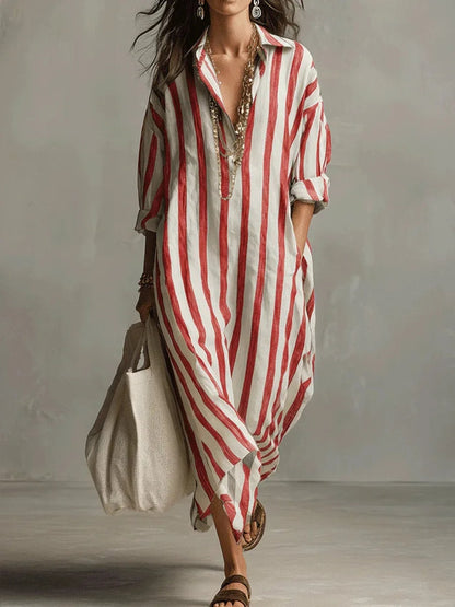 Pepa Striped Cotton Women's Midi Dress with Shirt Collar and Rolled Sleeves