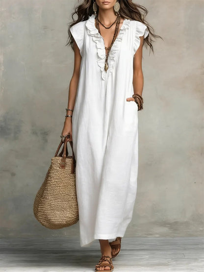 Caldora Maxi Dress in Summer Linen with Ruffle V-Neck and Side Pockets