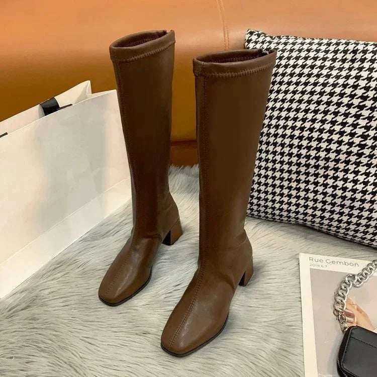 Elena Whitmore | Women's Knee-High Block Heel Work Boots in Synthetic Leather