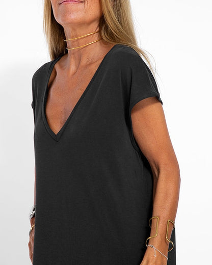 Vera Loose Flowing V-Neck Short Sleeve Maxi Dress with Side Slit